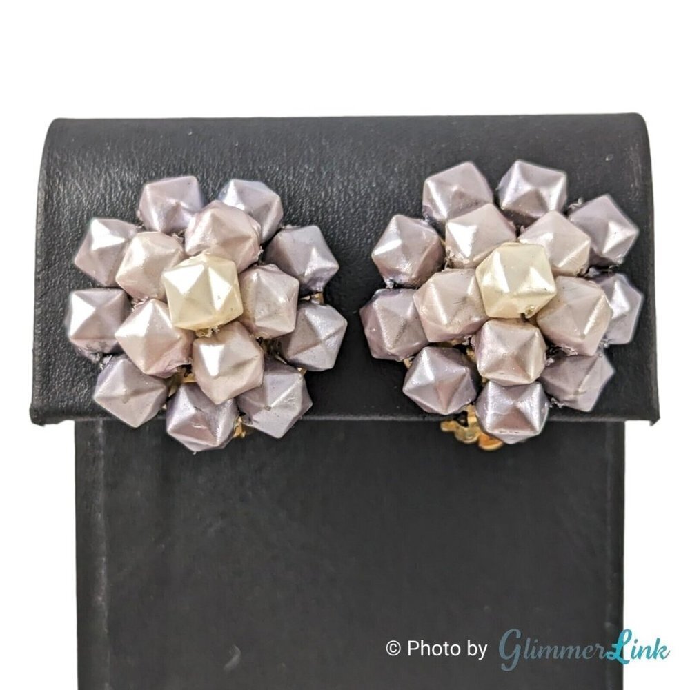 Vintage Hong Kong Cube Cluster Clip On Gold Tone Earrings